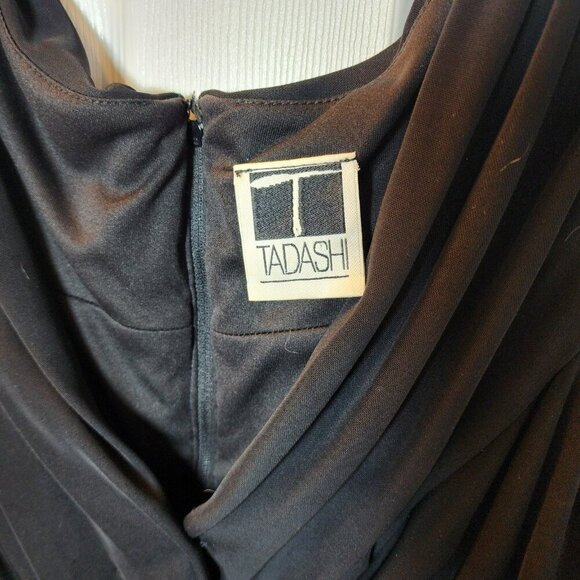 Tadashi Black Ruched Sleeveless Cocktail Dress Size Small V-Neck Midi Formal - Picture 4 of 8
